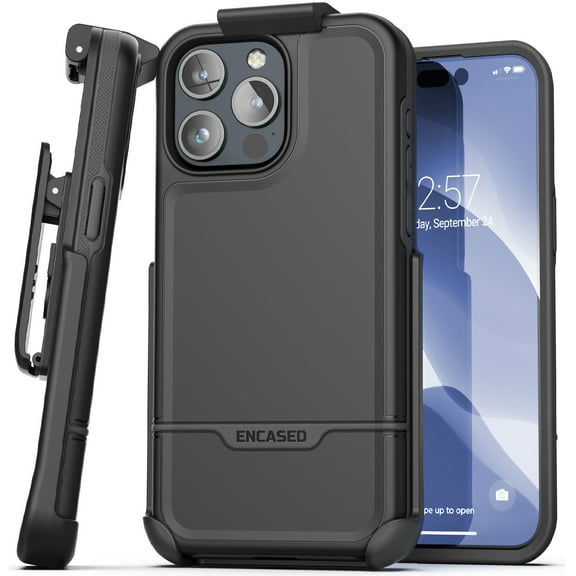 Encased Rebel Designed for iPhone 15 Pro Belt Clip Case, Protective Shockproof Phone Case with Holster (Black)