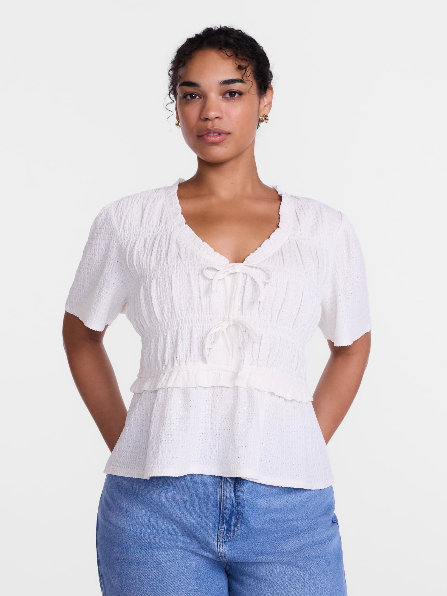 Scenario Women's and Women's Plus Textured Tie Front Top, Sizes XS-4X