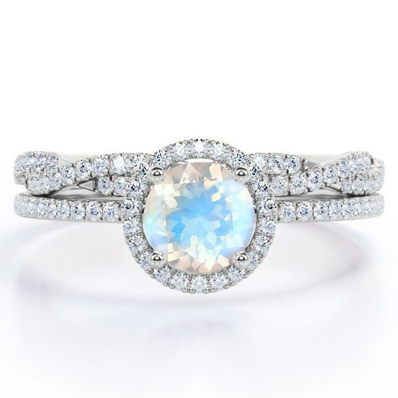 JeenMata Four-Prong Halo Setting 1.75 Carat Round Brilliant Cut Blue Moonstone and Moissanite Pave Infinity Bridal Ring Set in 18K White Gold Plating over Silver