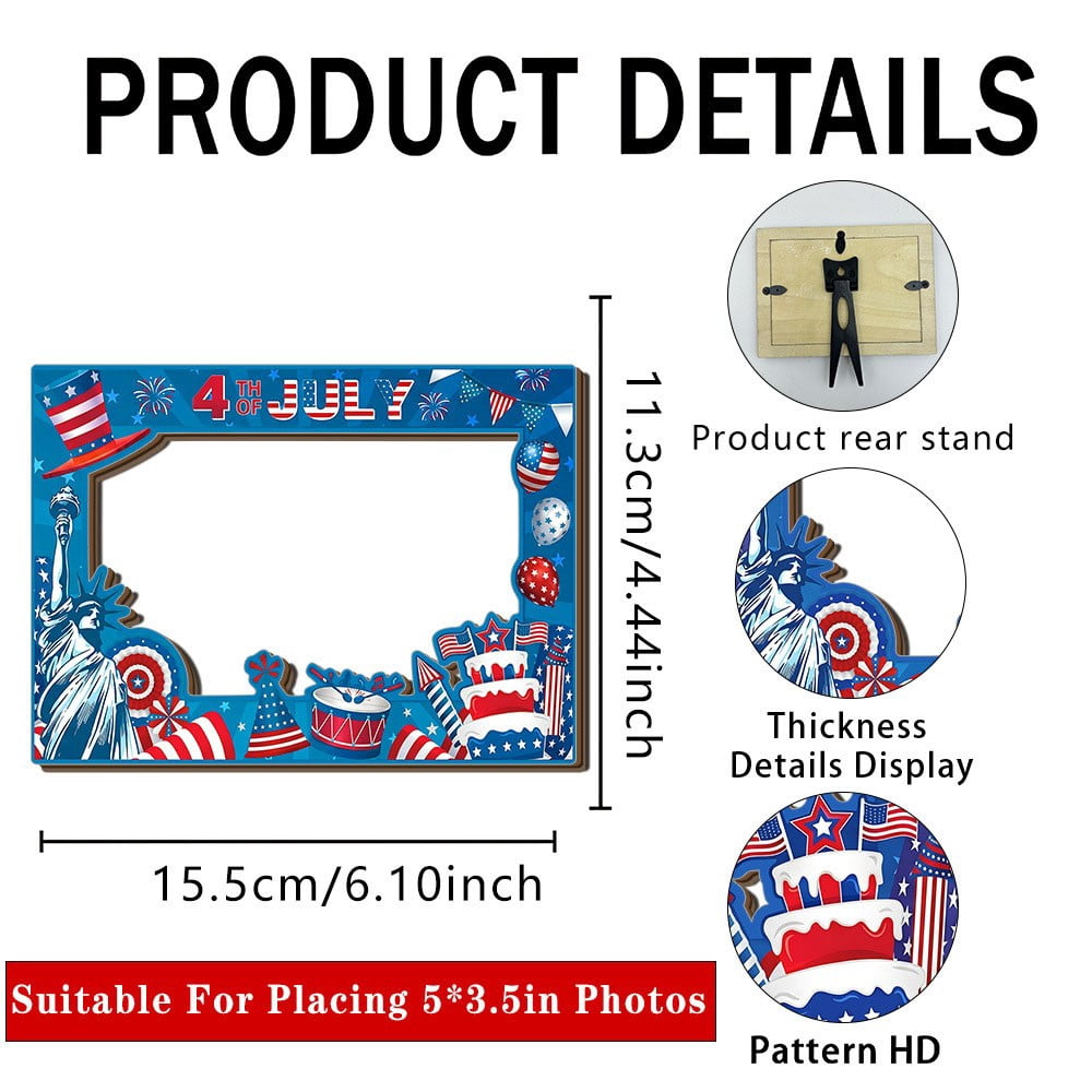 4th of July Photo Frame, Patriotic Home Decor, Wooden Photo Frame with Star and Flag Theme for Independence Day, Displays Cherished Memories On Tables, Walls