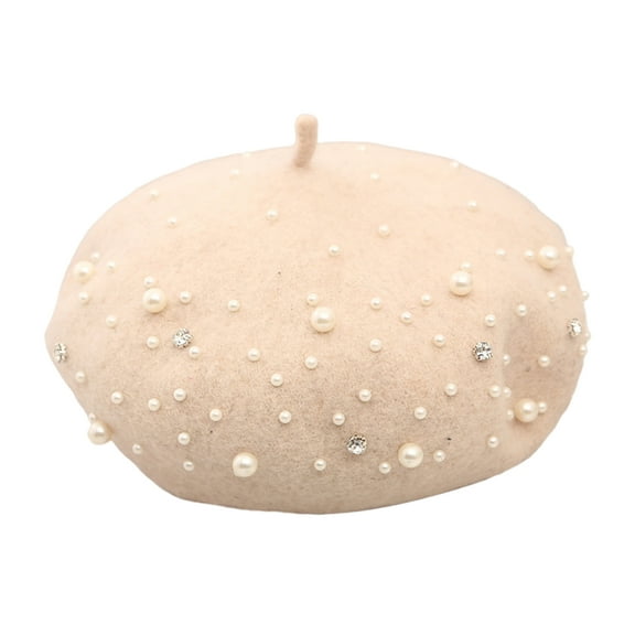 HUANLEDASH Women Beret Faux Pearl Rhinestone Decor Vintage English Style Woolen Hat No Brim Solid Color Adjustable Straps Pumpkin Cap