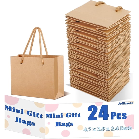 Jeffbaubl 24 Pcs Extra Small Gift Bags, 3.9 x 4.7 x 2.4 Inch Brown Paper Bags, Mini Gift Bag with Handles, Small Gift Card Bag for Wedding Birthday Baby Shower Party Favors (Brown)