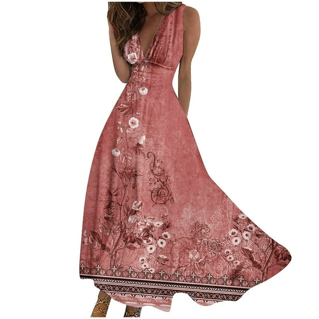 DEELLEEO Robe d'Automne pour Femmes! Robe de Cocktail Grande Taille Portefeuille Décolleté en V Profond Sans Manches à Fleurs Robes Évasées Ligne A Bohème Maxi Fête Invitée de Mariage Robes
