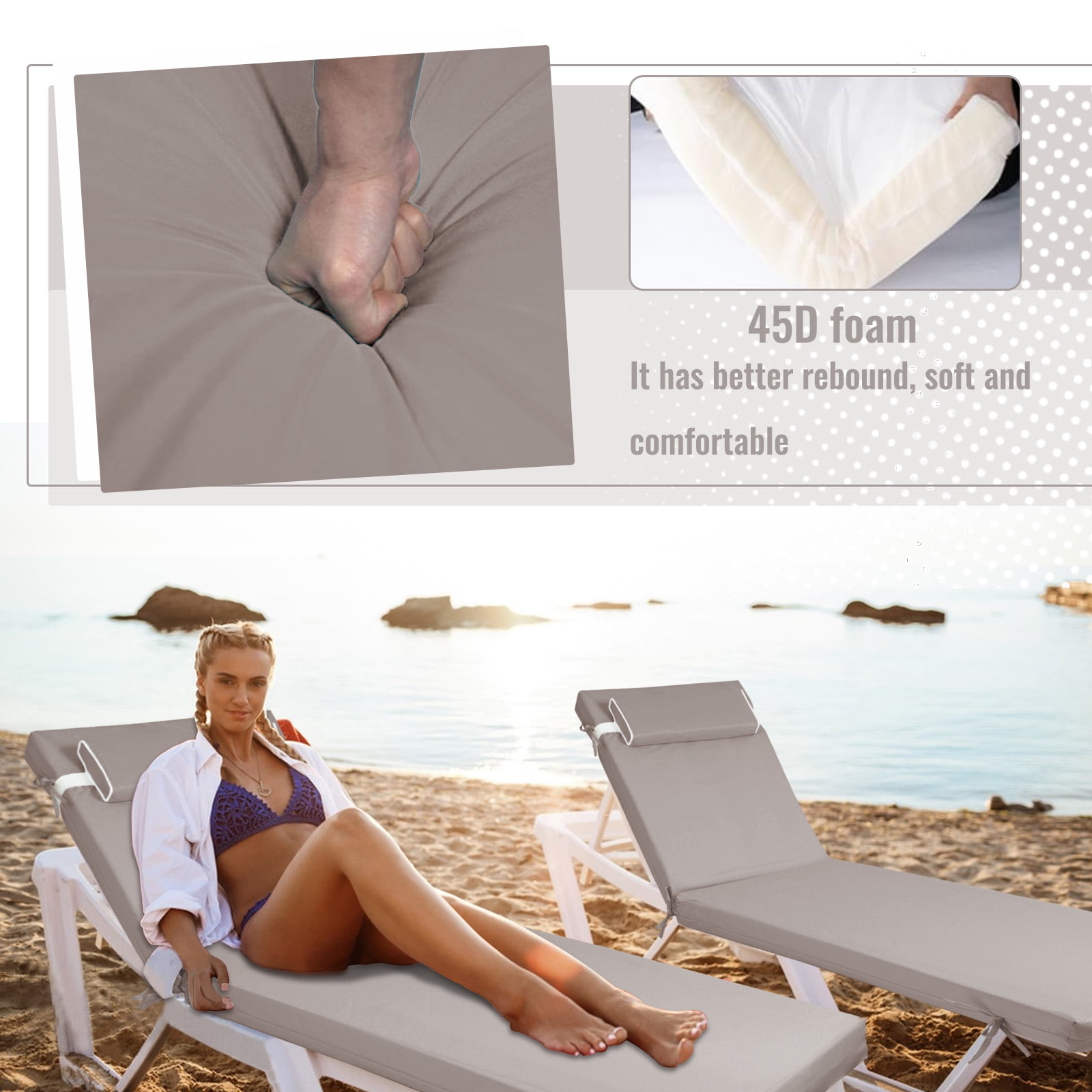 SDJPOI Outdoor Chaise Lounge Cushions, 72×21×3in Patio Chair Cushion for Pool & Beach（Khaki）