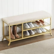 Shoe Storage Bench with Padded Seat, Shoe Rack Bench for Entryway, Shoe Storage Shelf with Metal Frame, 2-Tier Shoe Organizer Shelf for Hallway Bedroom Living Room Dorm Department, Gold