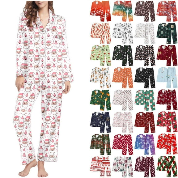 Fartey Women's Christmas Pajama Set 2 Piece Button Down Pjs Long Sleeve Lapel Top and Pants Sleepwear Set Cute Xmas Print Loungewear White L