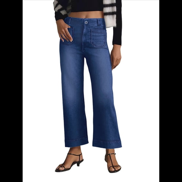 Pantalones Vaqueros de Cintura Alta, Acampanados y de Pierna para Mujer, Modernos, Elásticos, Holgados y con Bolsillos de Azul Oscuro S