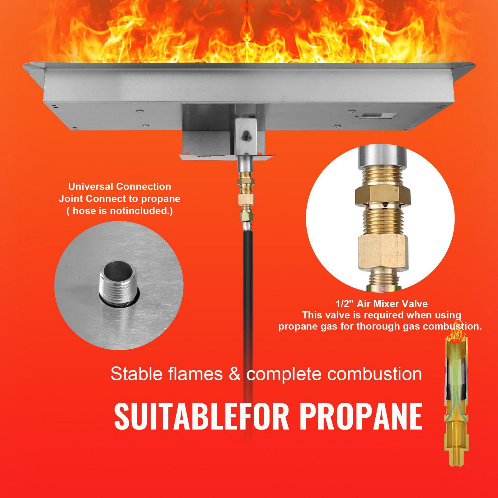 36x12 Inch Stainless Steel Drop in Fire Pit Pan Rectangular H Burner Kit 150000 BTU Natural Propane Gas for Indoor Outdoor Use