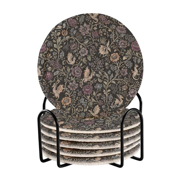 Yayeee 6 PCS Drink Coasters with Holder Set Woven Absorbent Round Tabletop Hot Pad, Floral Dragon Pattern