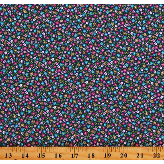 Cotton Flowers Tiny Small Scale Multi-Color Floral on Navy Calico-Look Floral Cache Cotton Fabric Print by the Yard (1649-28885-N)