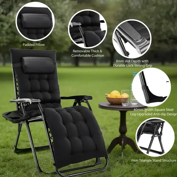 Sybels Zero Gravity Chair with Headrest & Cup Holders - Reclining Outdoor Lounge Chair, Supports 440lbs, Foldable for Backyard, Deck , Black