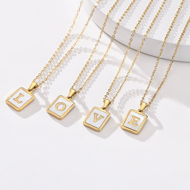 Colgante de acero inoxidable con forma de concha cuadrada y 26 letras para mujer, cadena de clavícula en inglés, accesorios de cadena de lana