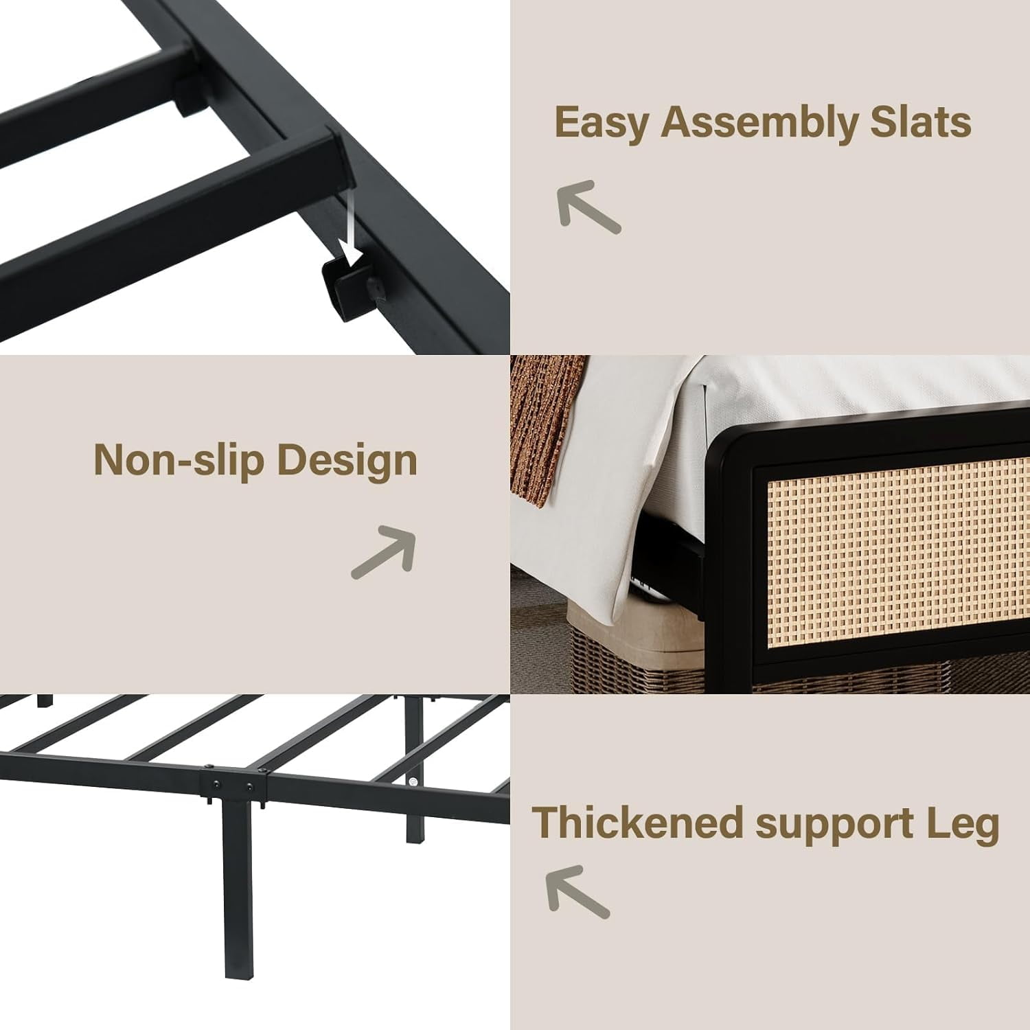 4 EVER WINNER Twin Size Bed Frame, Rattan Bed Frame with Natural Rattan Headboard and Footboard, No Box Spring Needed, Black