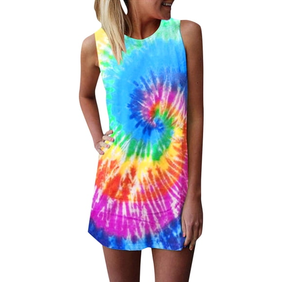 EGNMCR Tank Tops for Women Women's Daily Sleeveless T Shirt Dress Tie-dye Print Tank Mini Dress