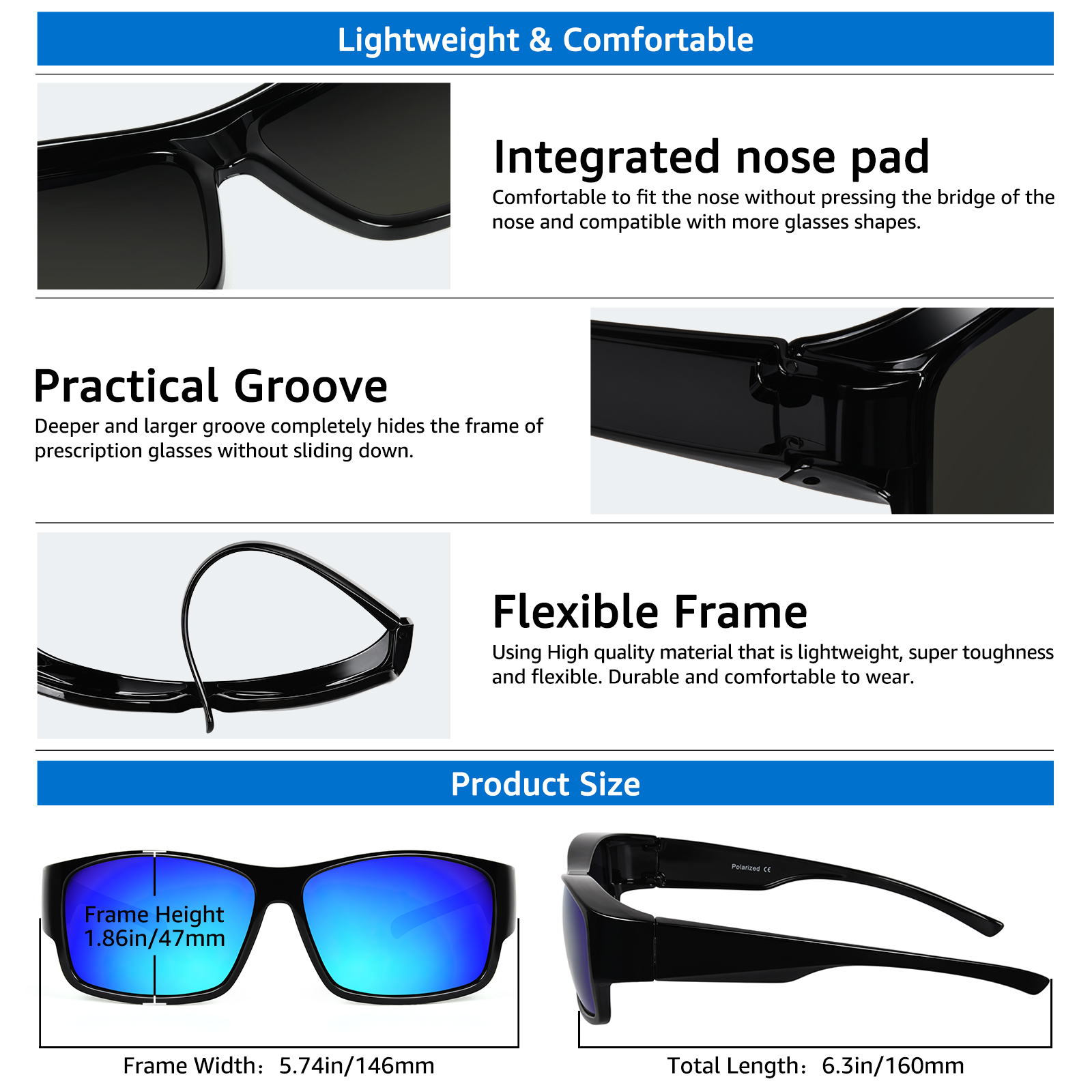 TINHAO Fit-Over Wrap Polarized Sunglasses, Blue photo 5