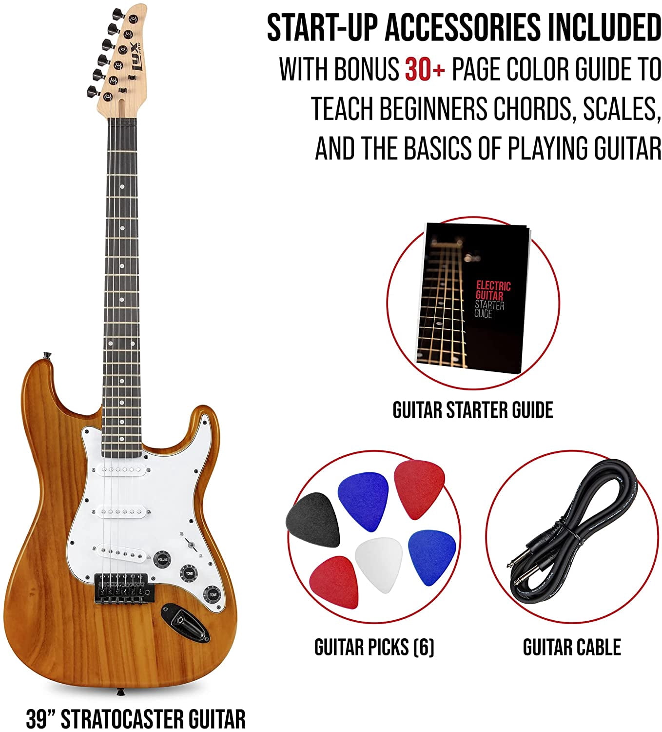 LyxPro Electric Guitar Kit with Mahogany Body, Amp, Cable, Picks & Guide