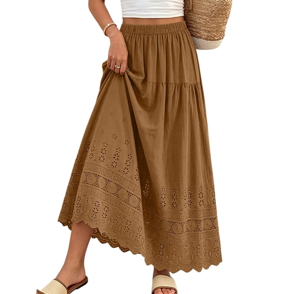 Women's Boho Eyelet Embroidery Maxi Skirt, Casual Summer Long Skirt with Pockets, High Waisted Tiered Swing A-Line Beach Skirt