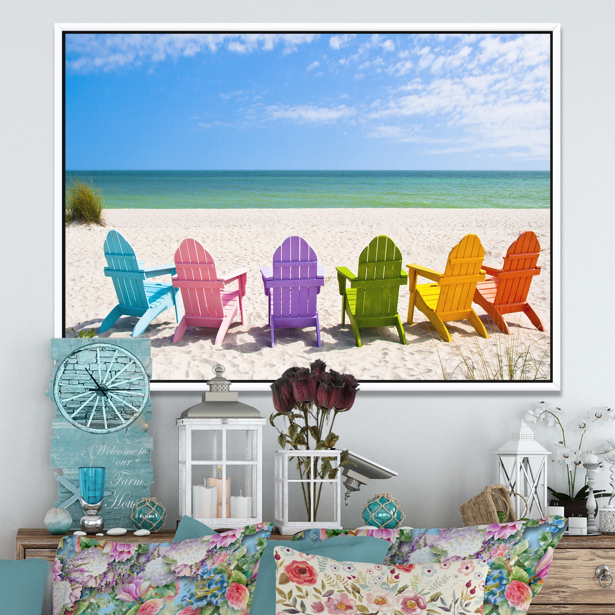 Designart ' Adirondack Beach Chairs ' Seashore Photo Framed Canvas Art Print
