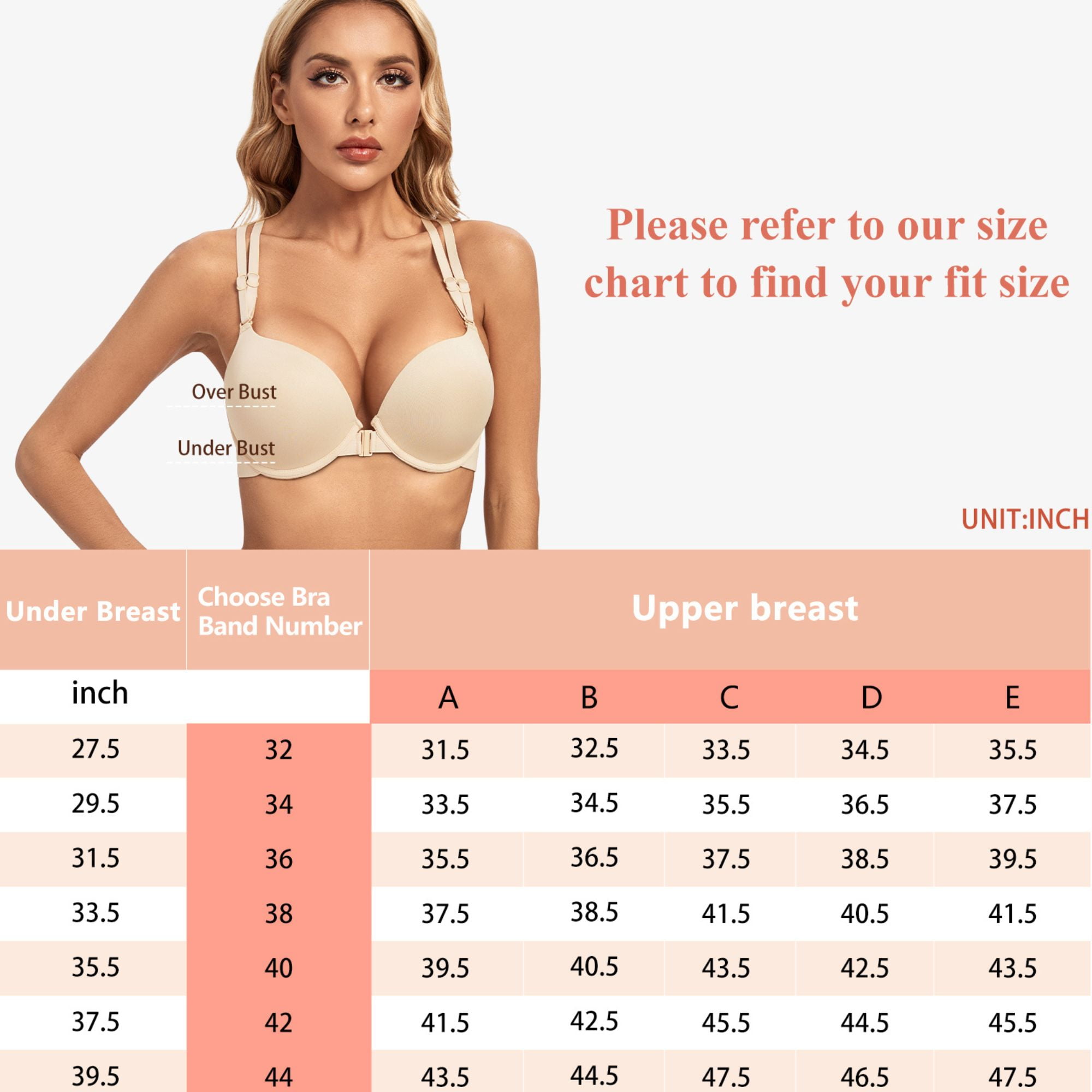 YANDW Women's Push Up Bra Racerback Front Closure Criss-Cross Padded T-Shirt Bras Underwire Add Cup, Beige 44A