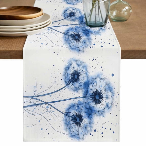 Table Runner Blue Dandelion Soft Linen Style Table Runner Cloth Retro Watercolor Plant Dining Table Decor for Kitchen, Dining Room, Parties, Holiday & Everyday Use 13x72 Inch