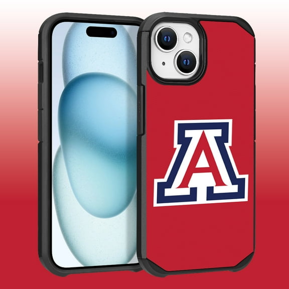 Apple iPhone 15 (6.1) / iPhone 14 (6.1) / iPhone 13 (6.1) - Licensed NCAA University of Arizona Wildcats Logo on Red Textured Dual Layer Case