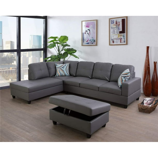 Ainehome Furniture Sectional Sofa Set Living Room Leather Left Hand Facing Dark Grey Com Ainehome Furniture Sectional Sofa Set, Dark Grey Leather Sofa Set