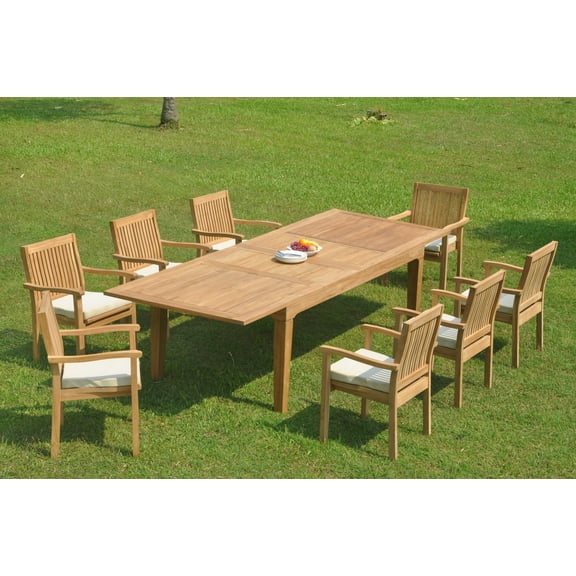 Grade-A Teak Dining Set: 8 Seater 9 Pc: 122" Caranas Double Extension Rectangle Table And 8 Leveb Stacking Arm Chairs Outdoor WholesaleTeak #WMDSWVm