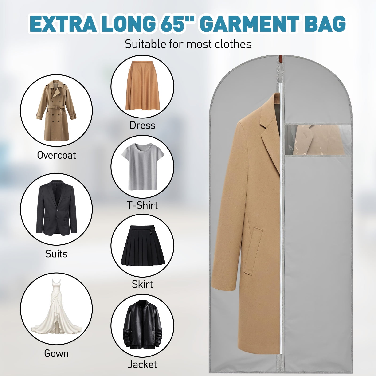 DAKOMM 65'' Dress Bags for Gowns Long, 3 Pack PEVA Garment Bags for Hanging Clothes, Garment Cover with Clear Window, Storage and Travel Suit Bag Cover for Long Dresses, Gowns, Coats (Gray)