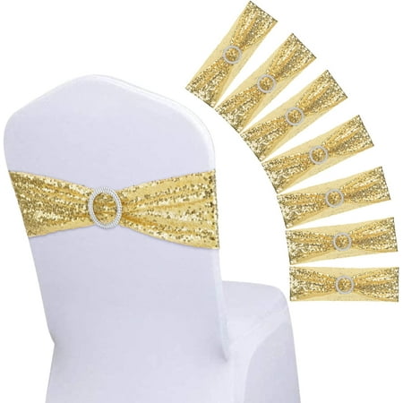 

8 Pieces Chair Sashes Elastic Stretch One-Sided Sequin Spandex Chair Bows Bands with Buckle for Wedding Hotel Banquet Birthday Party Home Chair Cover Decorations (Gold)