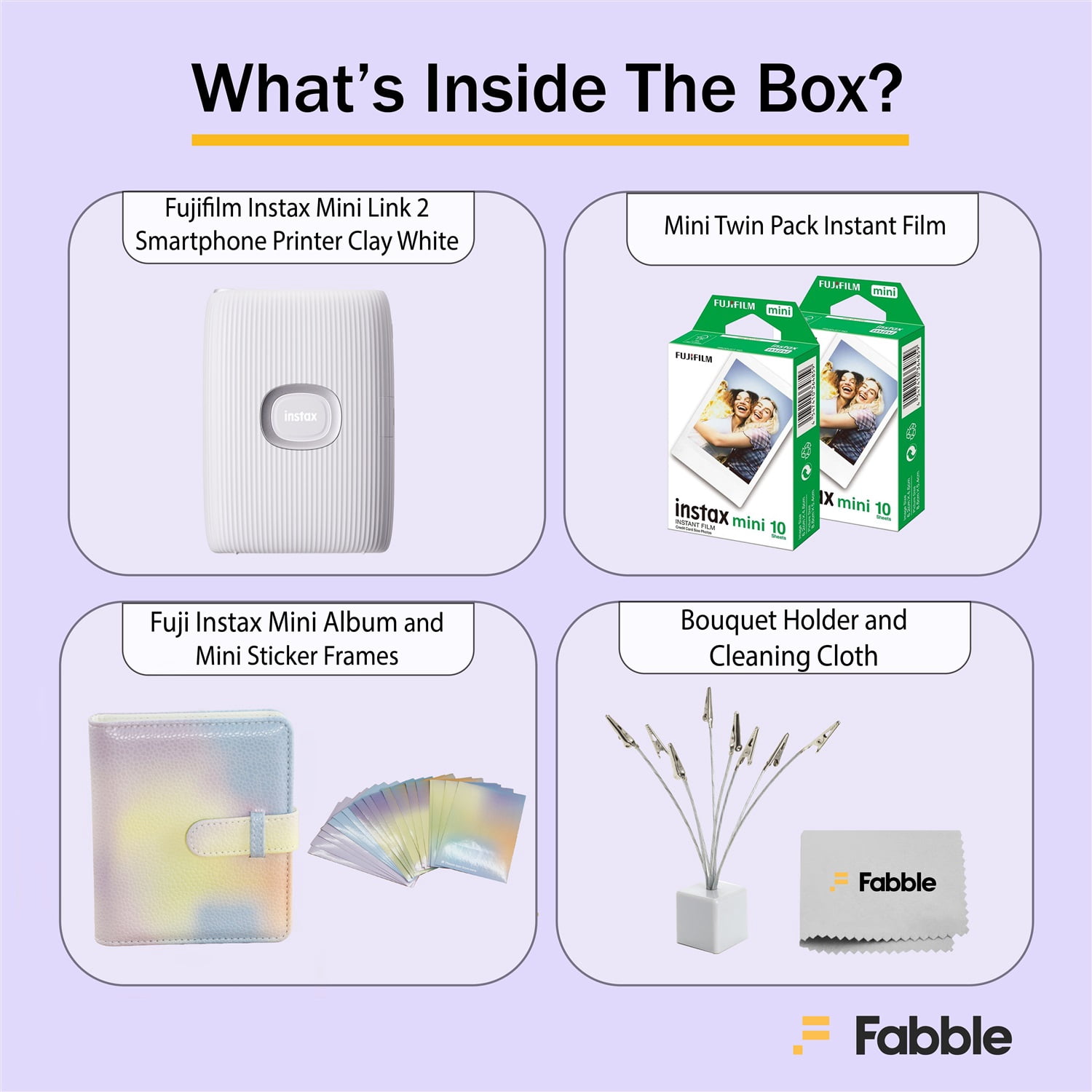 Fujifilm INSTAX Mini Link 2 Smartphone Printer (Clay White) Bundle with Instax Mini Twin Pack Film (20 Sheets), Photo Album, Sticker Frames & Bouquet Holder, Bluetooth Instant Photo Printer