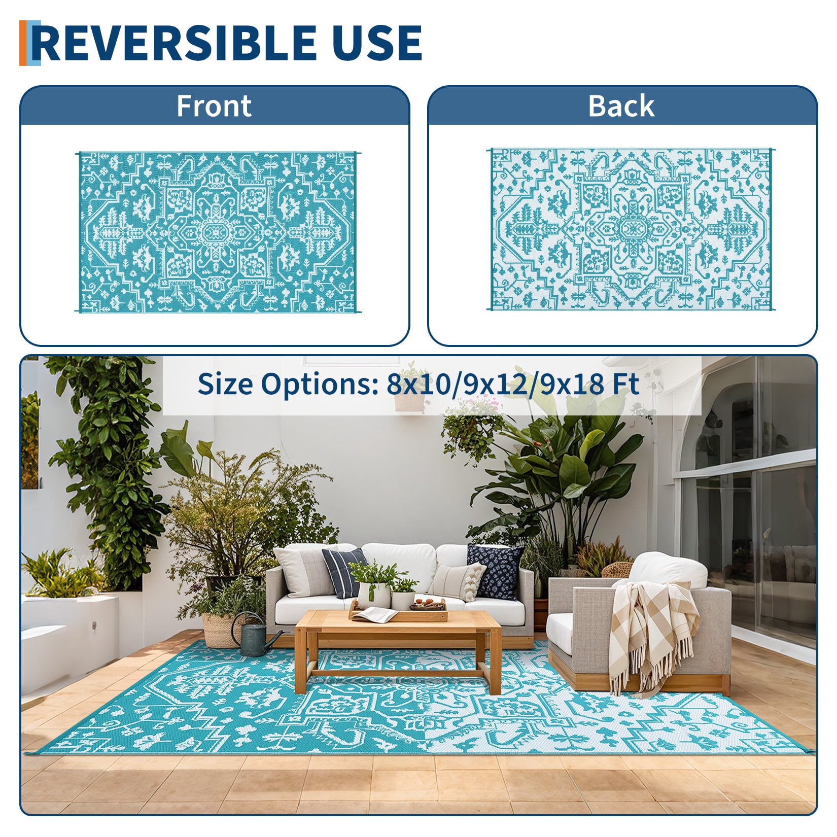 Haperlare 9'x18' Waterproof Outdoor Rug, Reversible Plastic Straw Patio Rug Vintage Medallion Outdoor Carpet, Stain Resistant Portable RV Mat for Balcony, Porch, Picnic, Backyard, Blue and White
