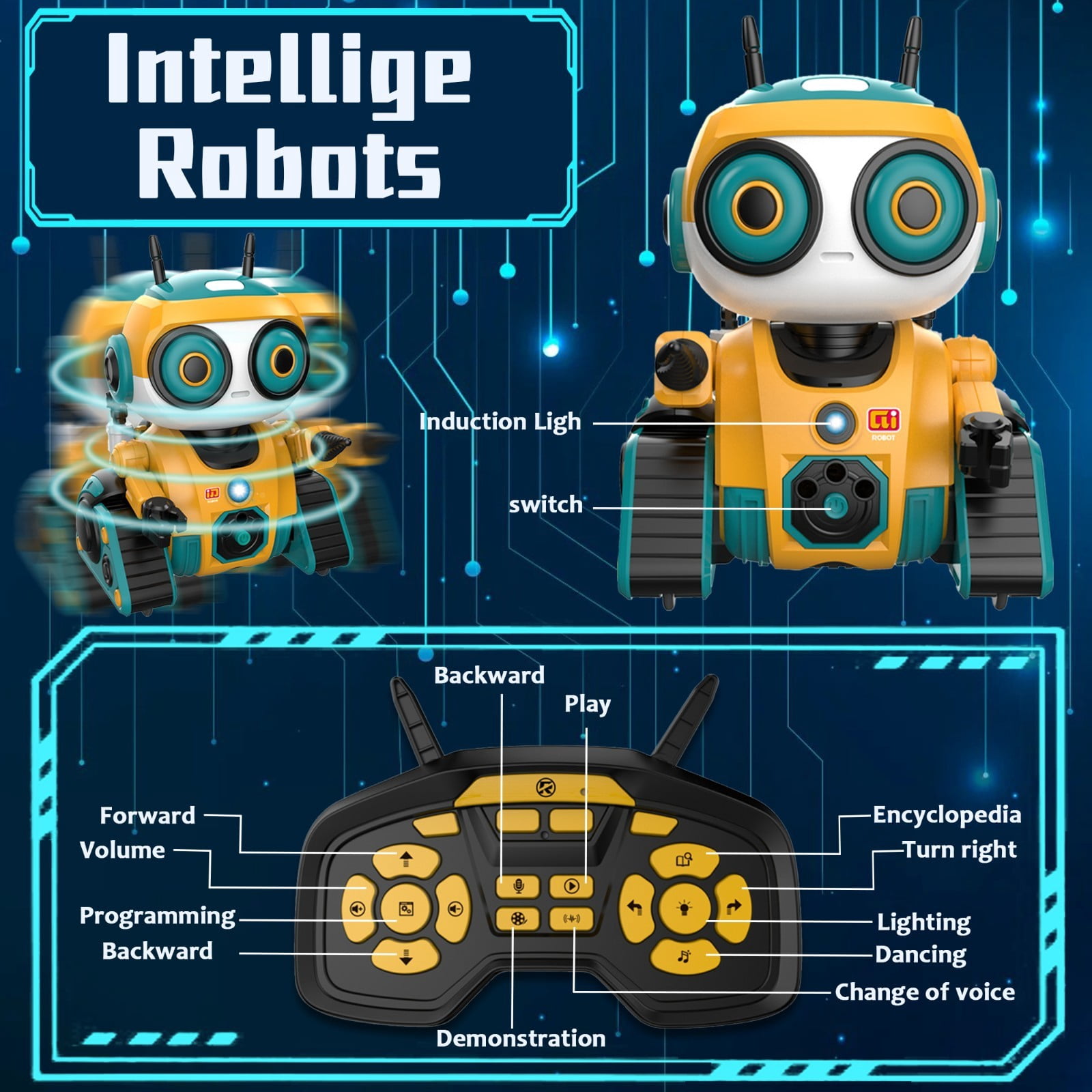 Ficcug Remote Control Robot Toys for Kids,Recording/Voice changing/Touch Sensing,Educational Programmable Interactive Smart Cute Robot for 3-6 Year Old Boys Girls Toddlers,Yellow