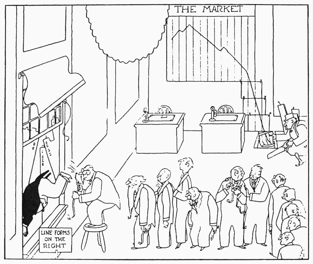 Cartoon Wall Street Crash 1929 Brokers Line Up To Throw Themselves Out