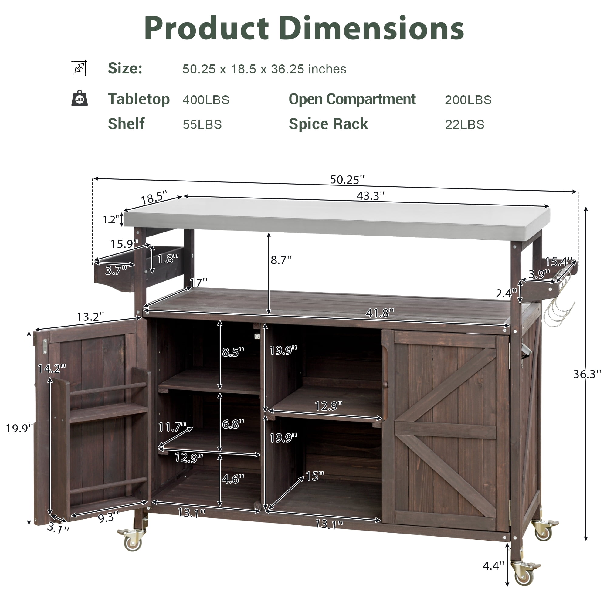 DEALTOPS Outdoor Kitchen Island, Rolling Bar Cart & Storage Cabinet, Farmhouse Solid Wood Outdoor Grill Table with Stainless Steel Top, Spice Rack , Towel Rack for Kitchen & BBQ-Dark Brown