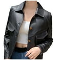thumbnail image 2 of XPMWRP Women Faux Leather Cropped Jacket Trendy Moto Biker Short Jackets Button Down Spring Fall Fashion Coat Party Clothes Black L, 2 of 9