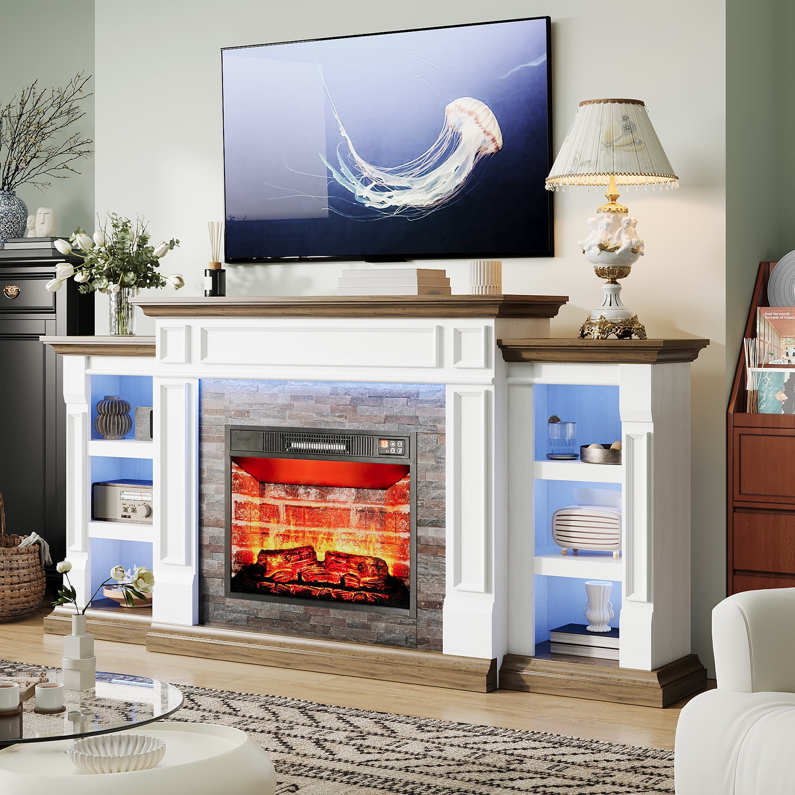 Holliwill 71" Fireplace Mantel, TV Stand Entertainment Center for TVs up to 80" with 23" Electric Heater & LED Light, White Brwon