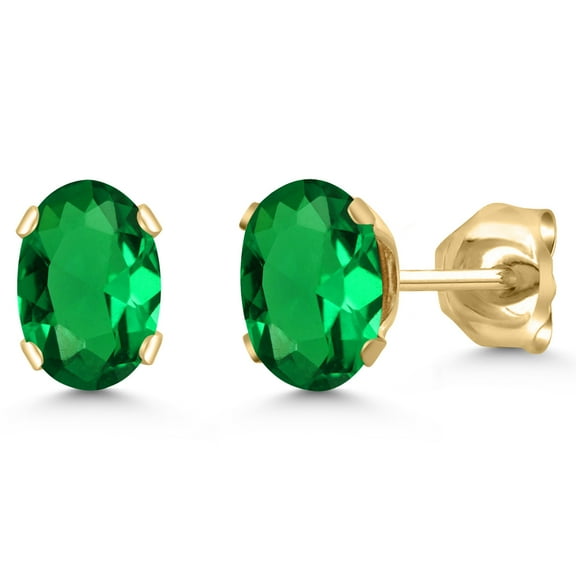 Gem Stone King 18K Yellow Gold Plated Silver Green Nano Emerald Stud Earrings for Women Men | 0.80 Cttw | Gemstone May Birthstone | Oval 6X4MM