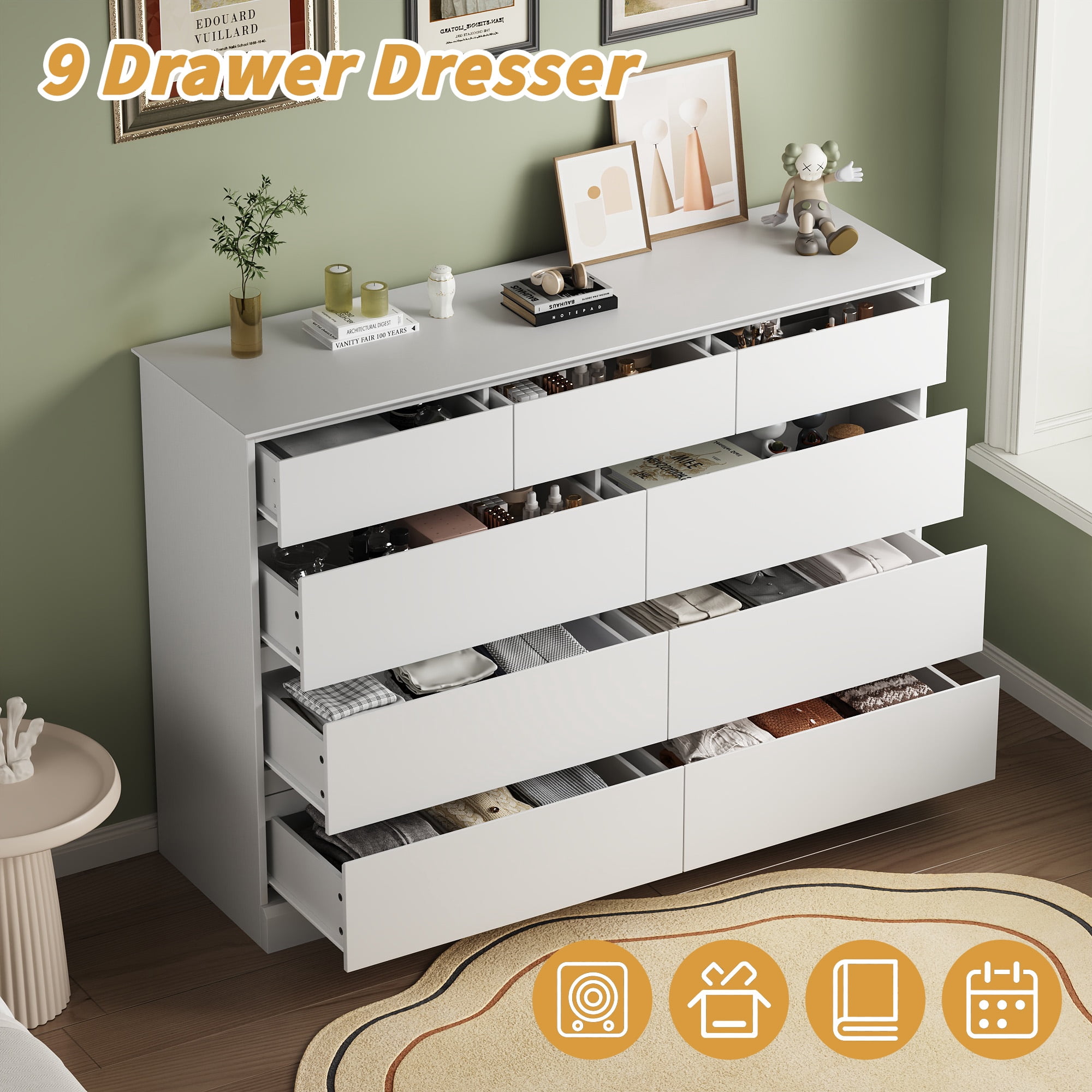 9 Drawer Dresser, White Chest of Deep Drawers, Modern Dressers with Storage, Large Drawer Organizer for Bedroom, Living Room, Handless Design, White