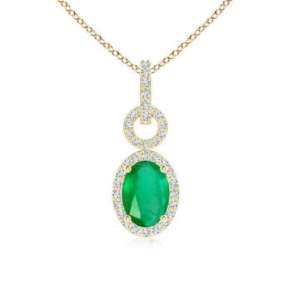 ANGARA Natural Oval Emerald Drop Pendant with Diamond Halo in 14K Yellow Gold for Women (Size-7x5mm) | May Birthstone, Birthday, Anniversary, Jewelry Gift for Women | Natural Emerald Necklace