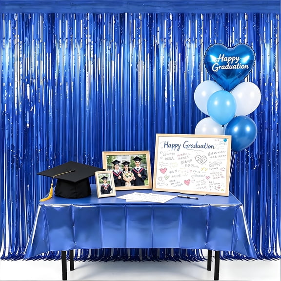 Blue Party Decorations Kit: 1 Shiny Tablecloth & 3 Metallic Tinsel Foil Curtains for Backdrop - Perfect for Galentine's Day, Birthday, Graduation, New Year's Eve, and Wedding Decor
