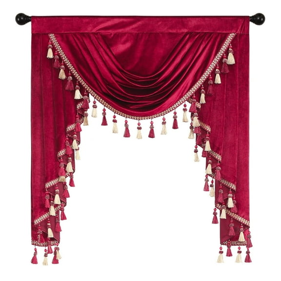 VOGOL Vintage Waterfall Valance for Living Room, Super Soft Velvet Swag Curtain Rod Pocket Window Panel for Bedroom Nursery, 1 Pack, 39" Wide, Burgundy