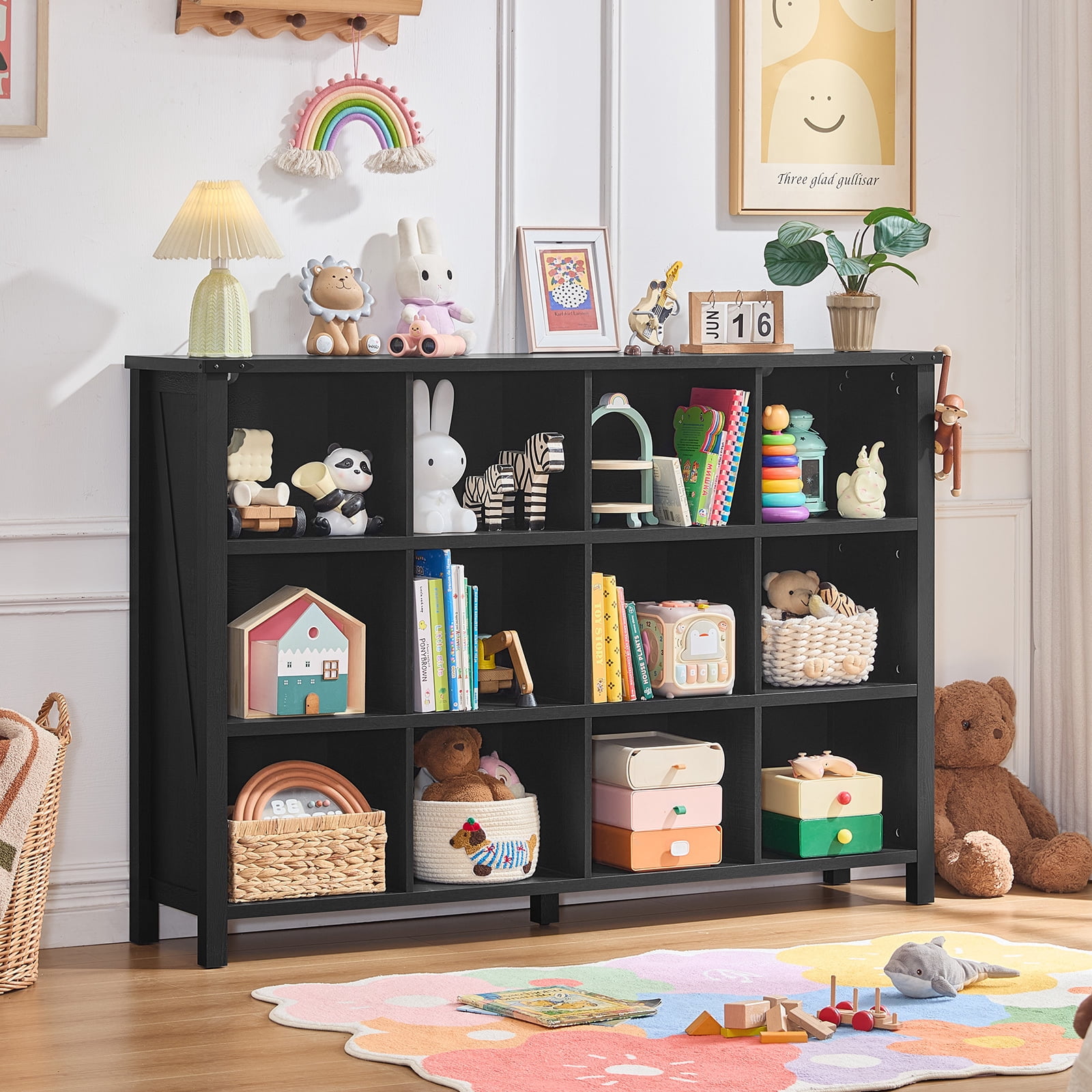 Joaxswe 12-Cube Bookcase and Bookshelves, 62'' Width Open CD Display Storage Rack, Vintage Cubby Cabinet for Living Room, Black