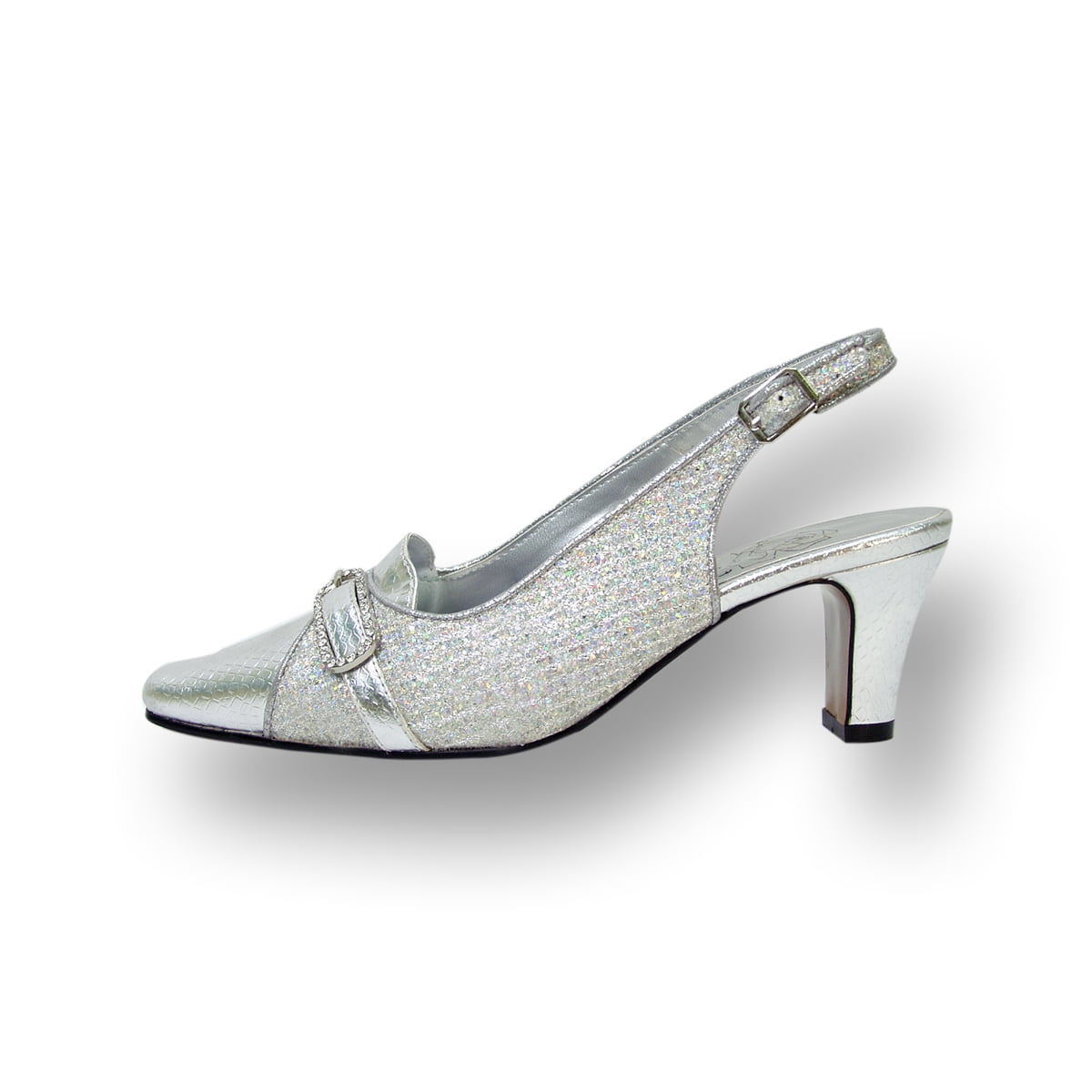 FLORAL Elena Women's Wide Width Rhinestone Jewel Buckle Closed Toe Slingback SILVER 6
