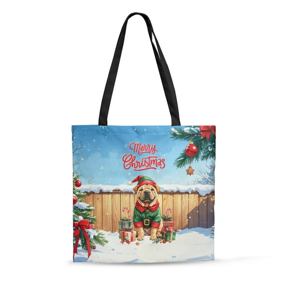 Merry Christmas Woofmas Xmas Noel Chinese Shar-Pei Elf Candy Cane Snow All Over Print 3D Canvas Tote Bag Dog Lover Reusable Handbag - 13017