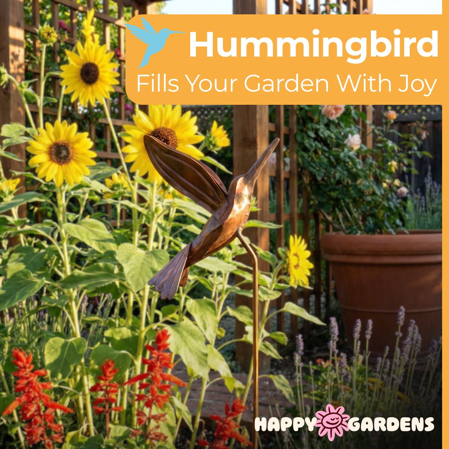 Happy Gardens Metal Hummingbird Decorative Stake (30” Tall - Flamed Finish)  Large Outdoor Yard Art, and Outside Decor