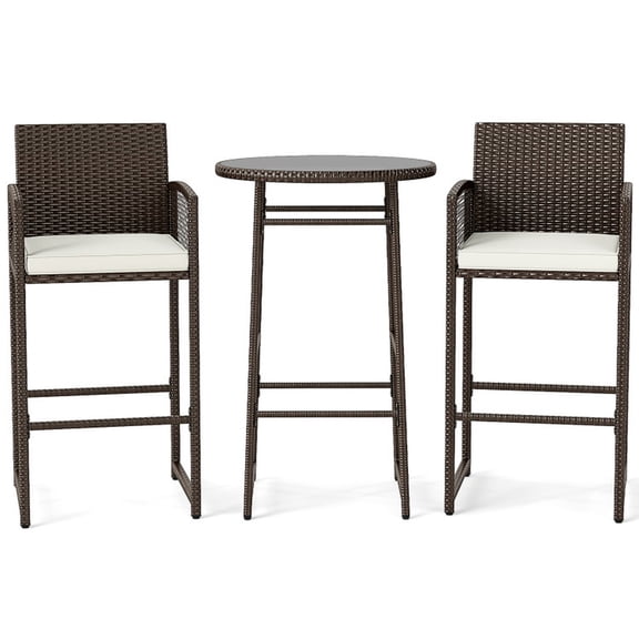 Biotree 3-Piece Patio Bar Set with Round Glass Table and Rattan Armchairs, White - Outdoor Patio Bar Height Furniture Set for Deck Garden