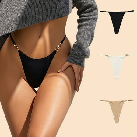 

rygai Solid Color Cotton Crotch Ice Silk Sexy G-string Metal Stitch Strap Low Waist Thong Briefs Skin Color L