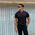 thumbnail image 4 of Summer Men Business Causal T-shirt Beach Fashion Thin Stand Collar Solid Tee V-neck Breathable Fitness Korean Streetwear Tops, 4 of 7