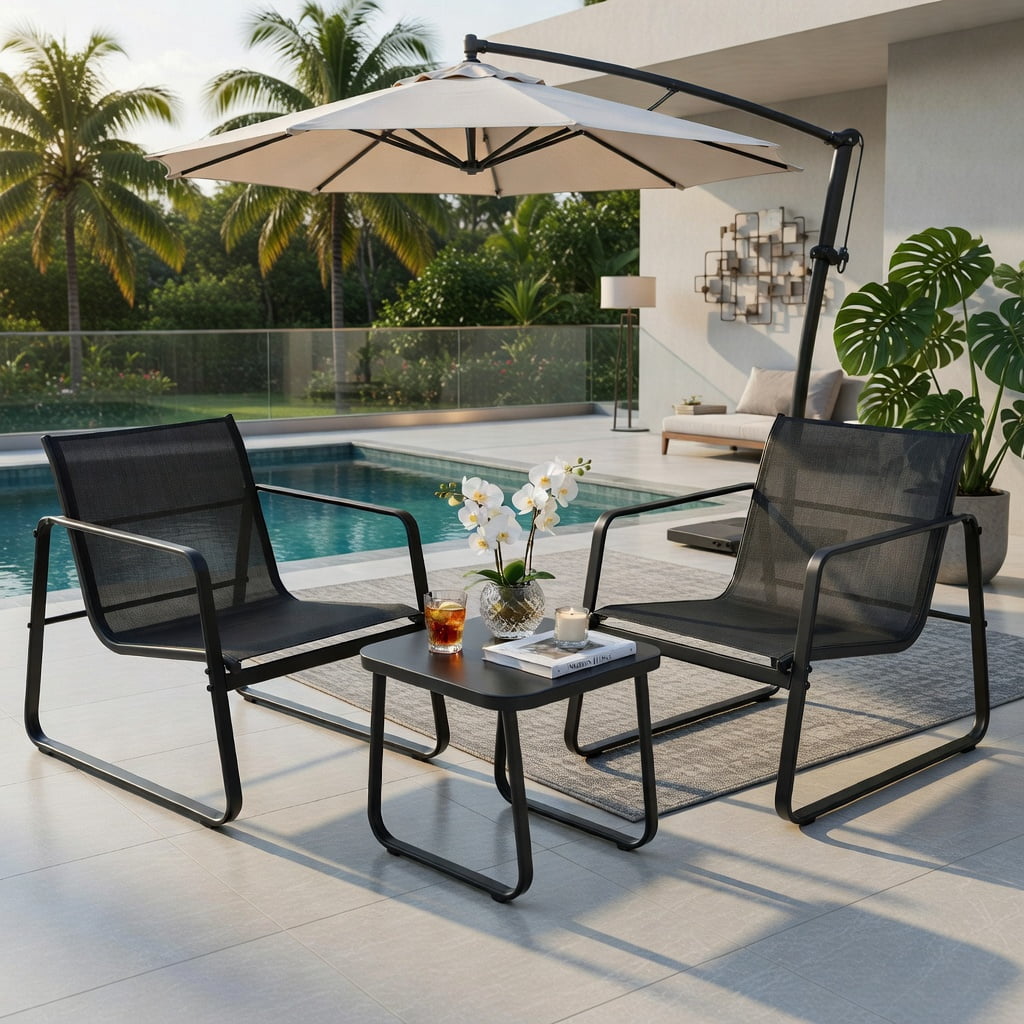 Hommoo 3-Piece Steel Patio Bistro Set with Tempered Glass Table, Modern Outdoor Dining Chairs & Coffee Table for Deck, Garden, Balcony & Poolside, Black