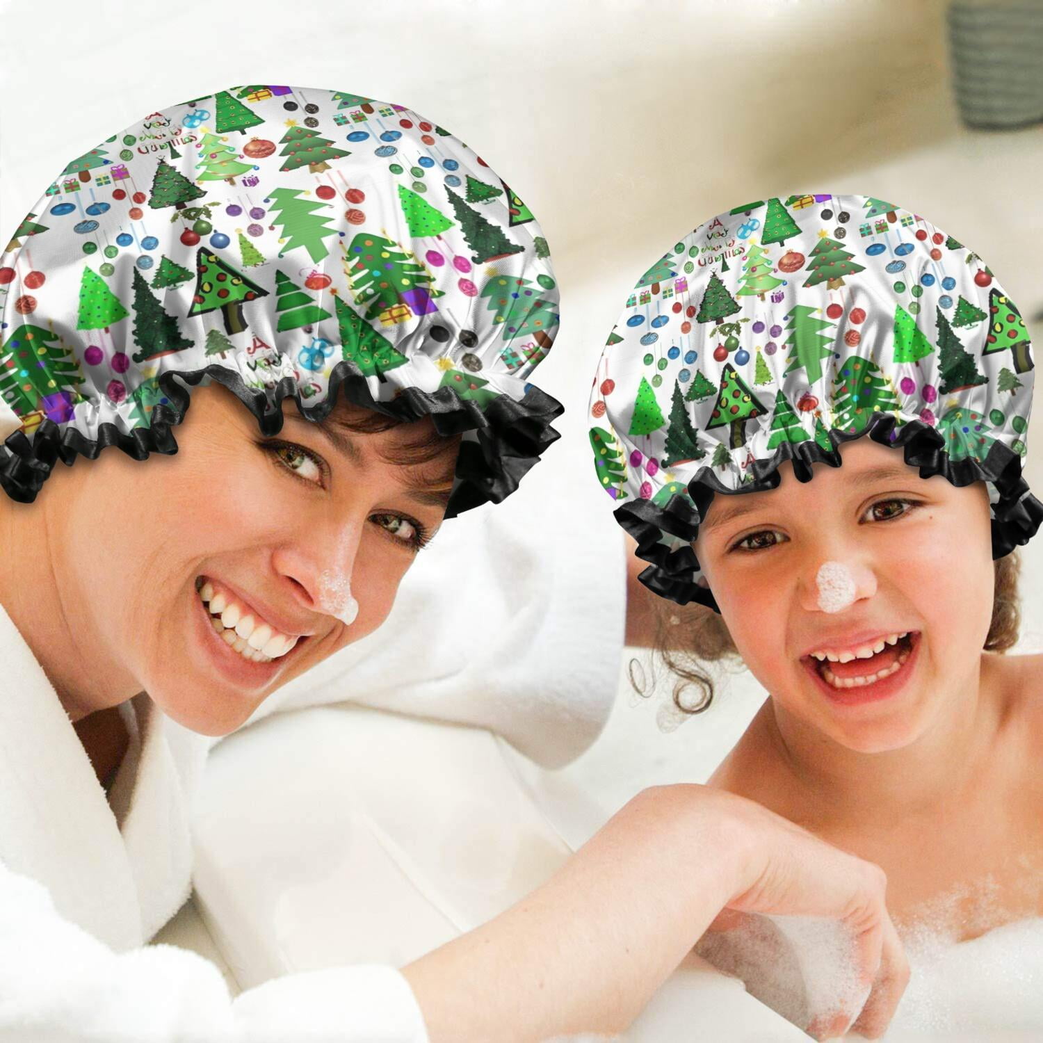 Shower Caps,Multicolor Christmas Tree Pattern Waterproof Shower Cap for Women 4 Pieces,Double Reusable Hair Cover for Shower PEVA Elastic Stretch Hem